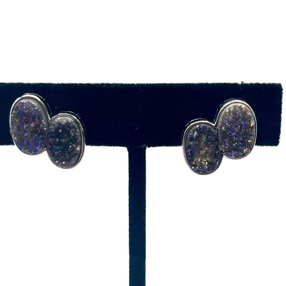 Sterling silver druzy stud earrings double oval 925 - Picture 3 of 9